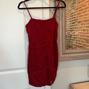 Red spaghetti strap dress with print